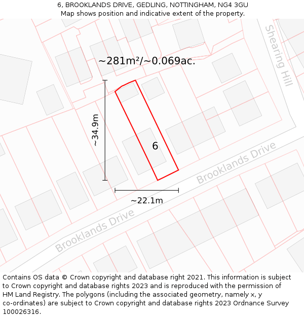 6, BROOKLANDS DRIVE, GEDLING, NOTTINGHAM, NG4 3GU: Plot and title map
