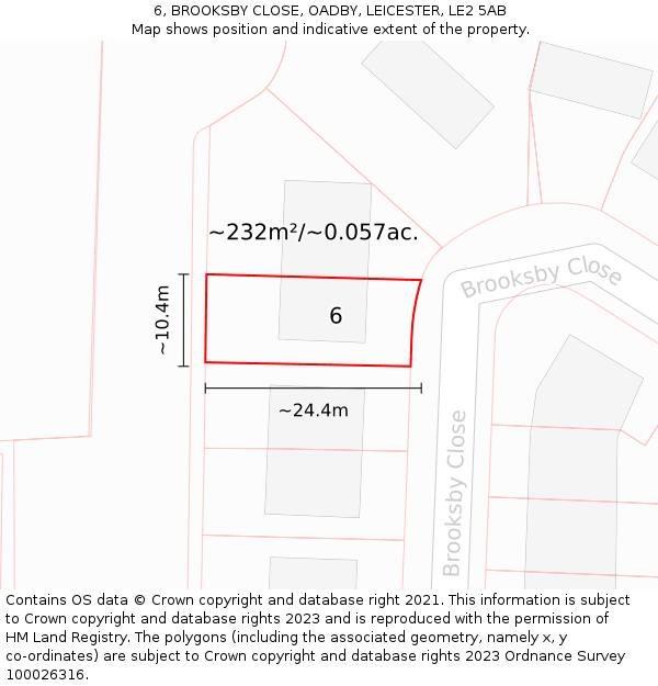 6, BROOKSBY CLOSE, OADBY, LEICESTER, LE2 5AB: Plot and title map