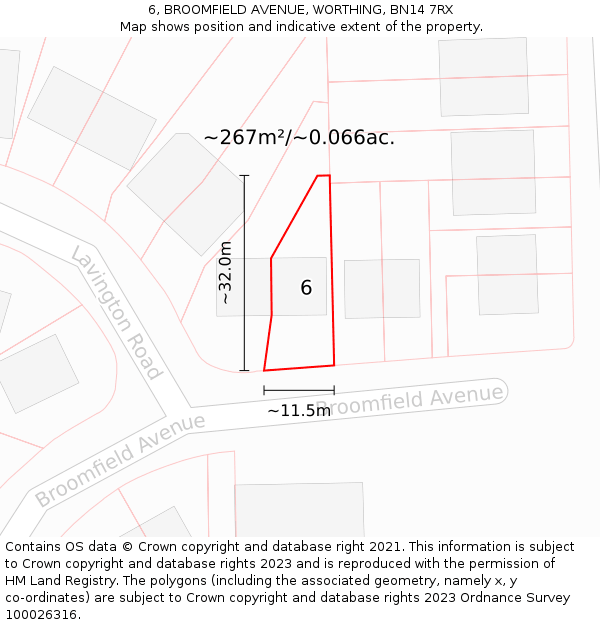 6, BROOMFIELD AVENUE, WORTHING, BN14 7RX: Plot and title map