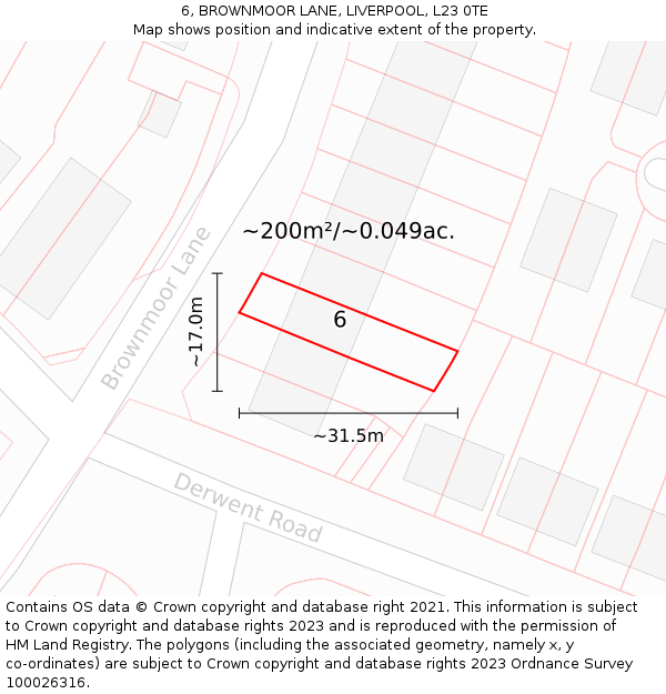 6, BROWNMOOR LANE, LIVERPOOL, L23 0TE: Plot and title map