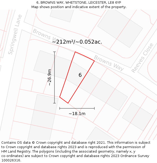 6, BROWNS WAY, WHETSTONE, LEICESTER, LE8 6YP: Plot and title map