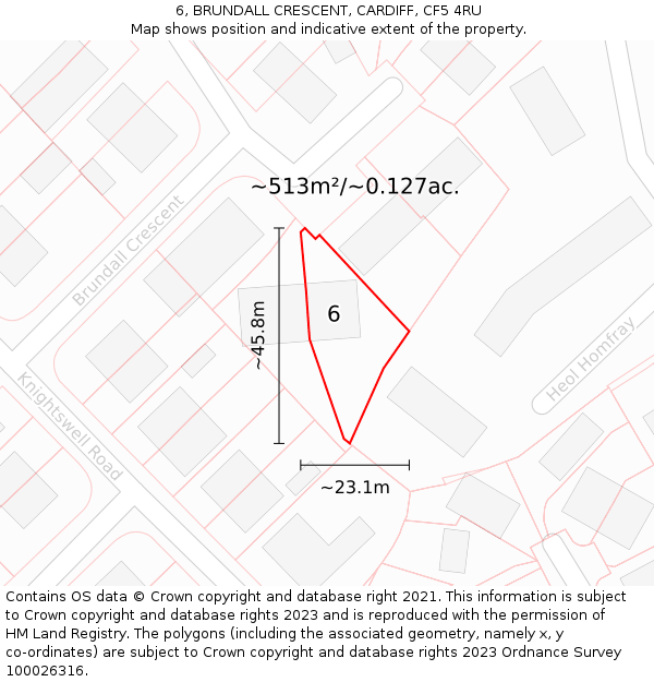 6, BRUNDALL CRESCENT, CARDIFF, CF5 4RU: Plot and title map