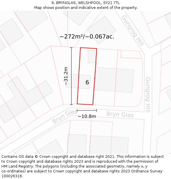 6, BRYNGLAS, WELSHPOOL, SY21 7TL: Plot and title map