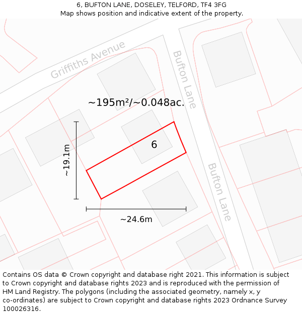6, BUFTON LANE, DOSELEY, TELFORD, TF4 3FG: Plot and title map