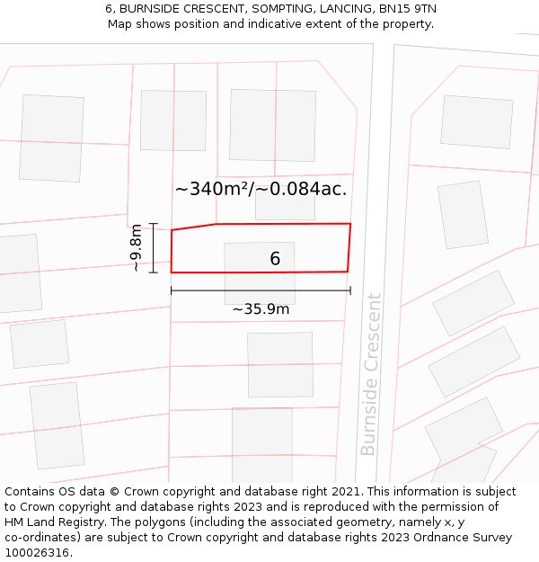 6, BURNSIDE CRESCENT, SOMPTING, LANCING, BN15 9TN: Plot and title map