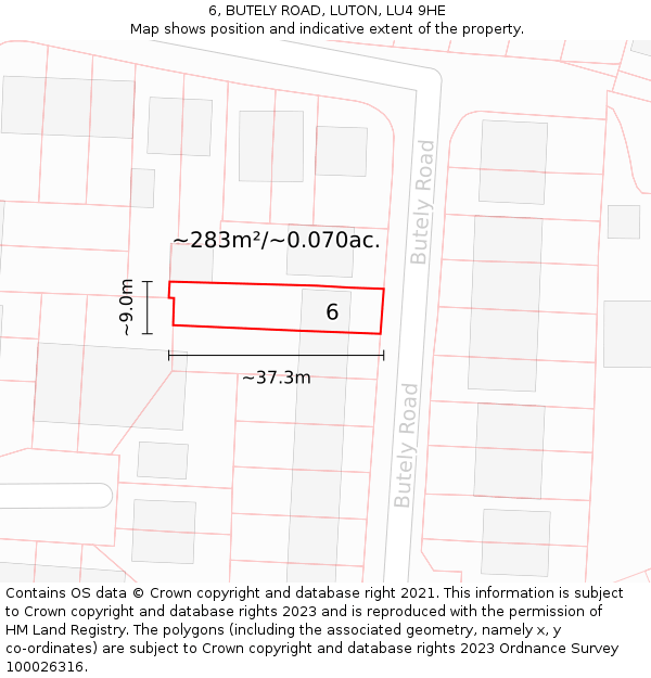 6, BUTELY ROAD, LUTON, LU4 9HE: Plot and title map