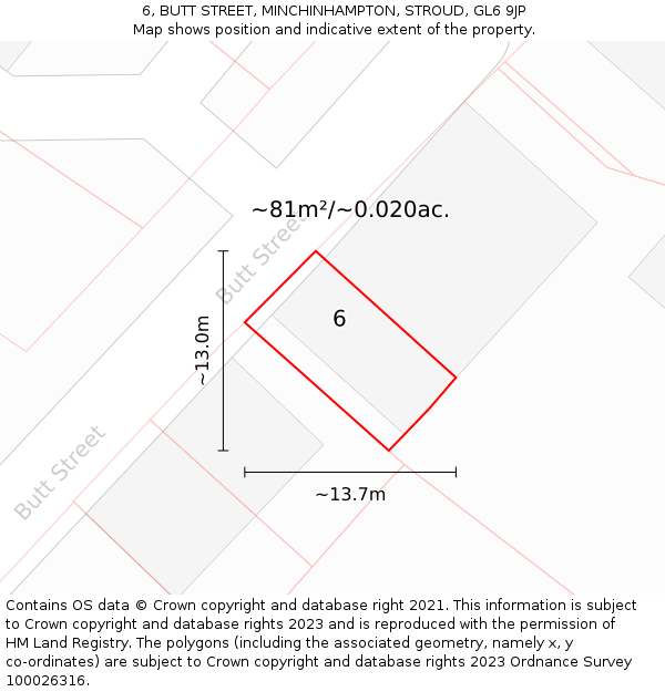 6, BUTT STREET, MINCHINHAMPTON, STROUD, GL6 9JP: Plot and title map