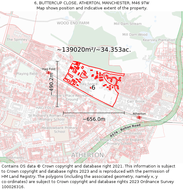 6, BUTTERCUP CLOSE, ATHERTON, MANCHESTER, M46 9TW: Plot and title map