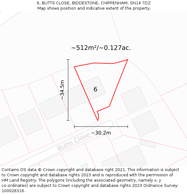 6, BUTTS CLOSE, BIDDESTONE, CHIPPENHAM, SN14 7DZ: Plot and title map