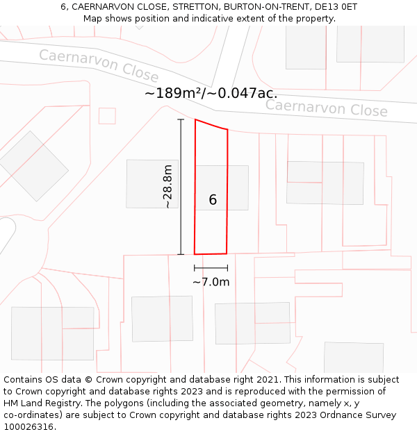 6, CAERNARVON CLOSE, STRETTON, BURTON-ON-TRENT, DE13 0ET: Plot and title map