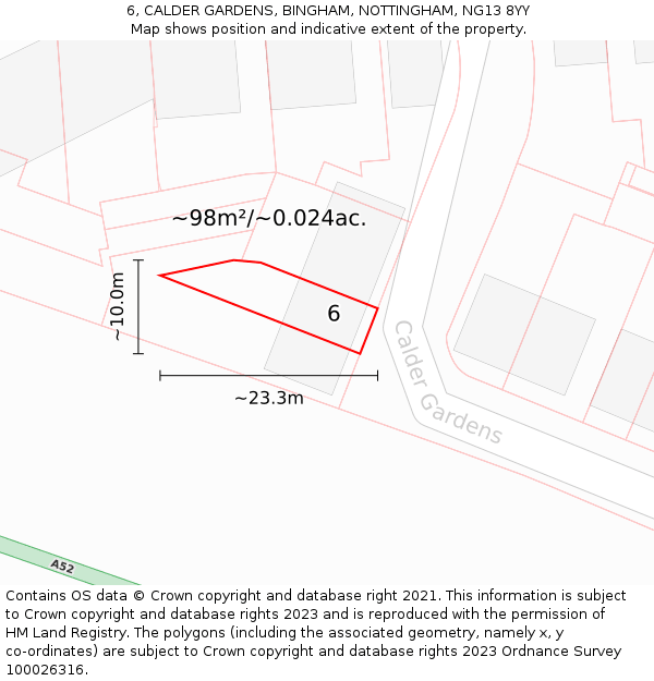 6, CALDER GARDENS, BINGHAM, NOTTINGHAM, NG13 8YY: Plot and title map