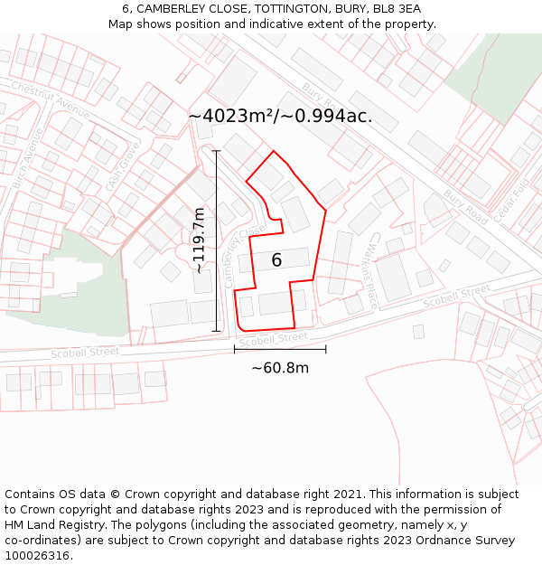6, CAMBERLEY CLOSE, TOTTINGTON, BURY, BL8 3EA: Plot and title map