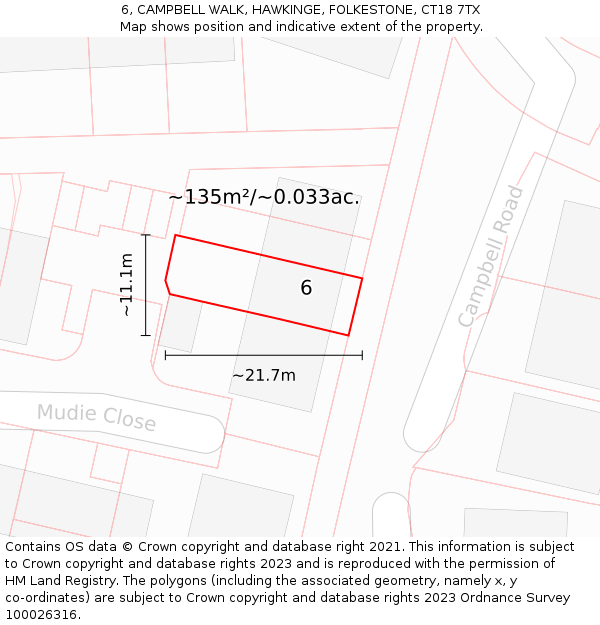 6, CAMPBELL WALK, HAWKINGE, FOLKESTONE, CT18 7TX: Plot and title map