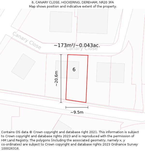 6, CANARY CLOSE, HOCKERING, DEREHAM, NR20 3FA: Plot and title map