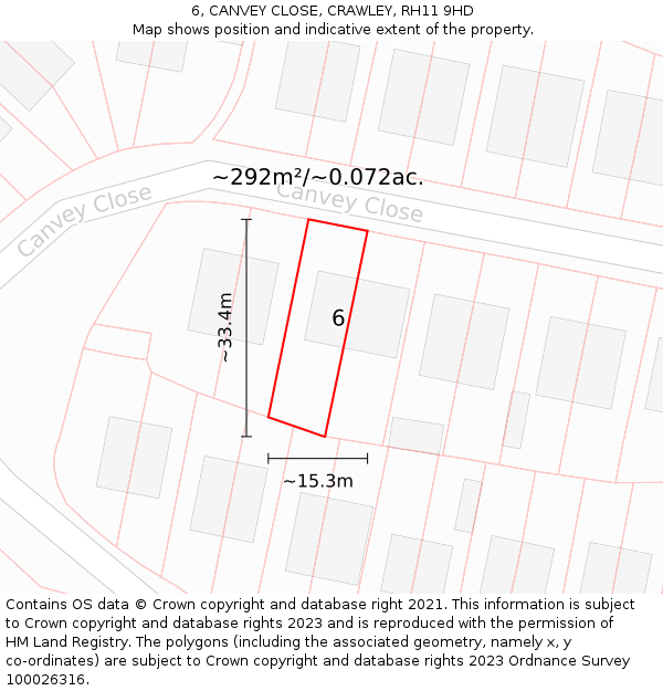 6, CANVEY CLOSE, CRAWLEY, RH11 9HD: Plot and title map