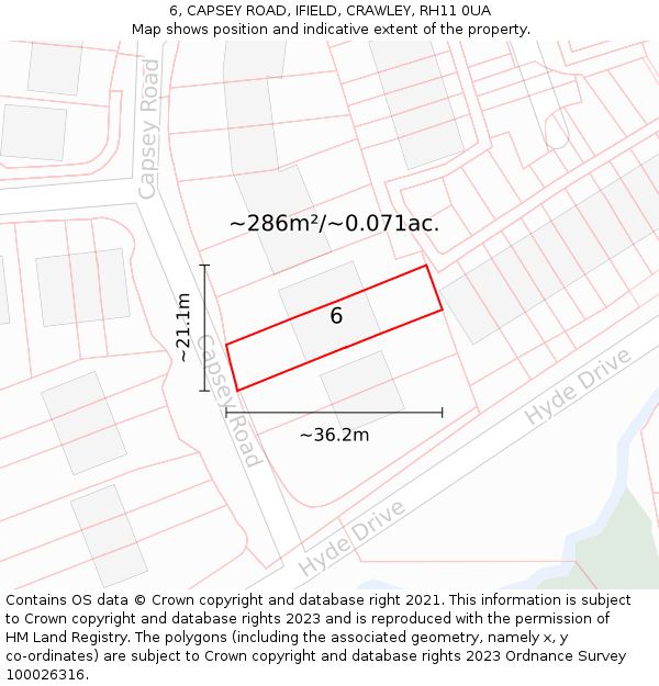 6, CAPSEY ROAD, IFIELD, CRAWLEY, RH11 0UA: Plot and title map