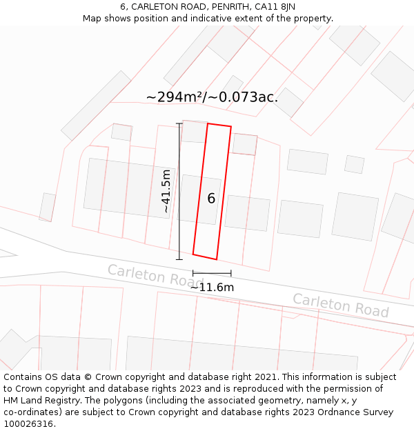 6, CARLETON ROAD, PENRITH, CA11 8JN: Plot and title map