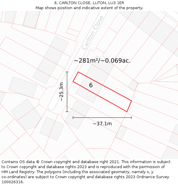 6, CARLTON CLOSE, LUTON, LU3 1ER: Plot and title map