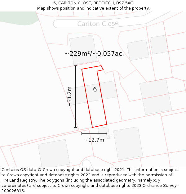 6, CARLTON CLOSE, REDDITCH, B97 5XG: Plot and title map