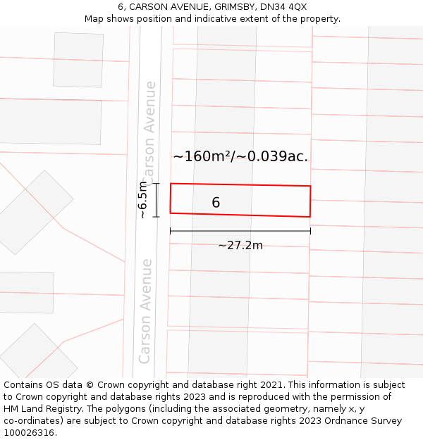 6, CARSON AVENUE, GRIMSBY, DN34 4QX: Plot and title map