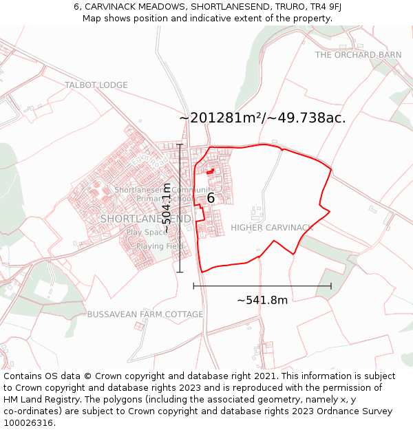 6, CARVINACK MEADOWS, SHORTLANESEND, TRURO, TR4 9FJ: Plot and title map