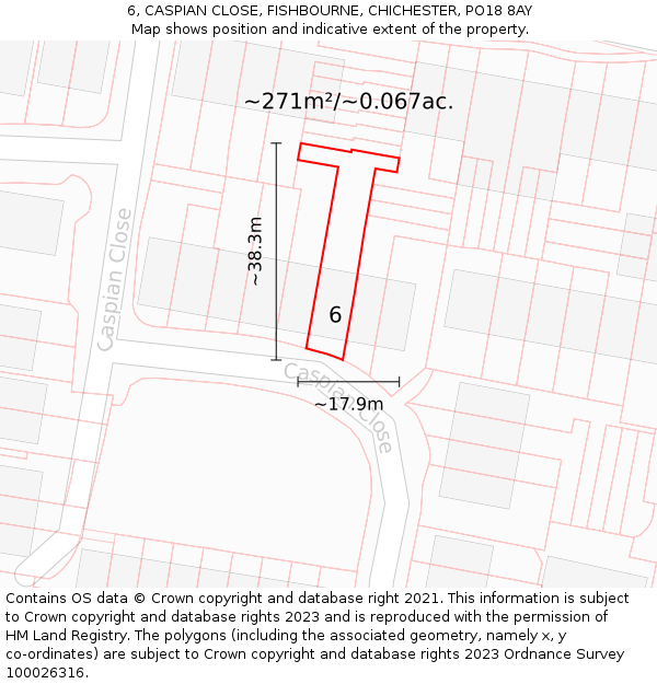 6, CASPIAN CLOSE, FISHBOURNE, CHICHESTER, PO18 8AY: Plot and title map