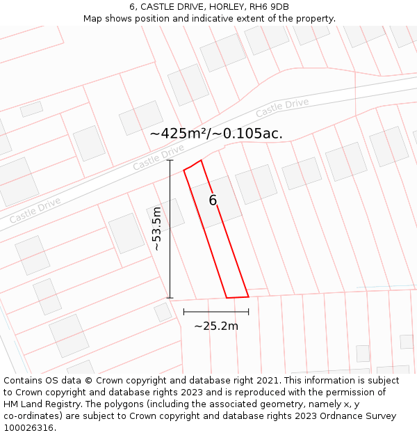 6, CASTLE DRIVE, HORLEY, RH6 9DB: Plot and title map