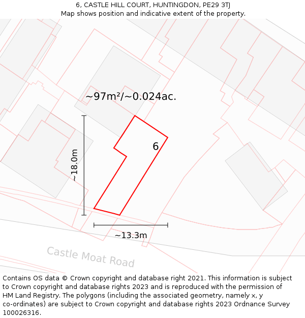 6, CASTLE HILL COURT, HUNTINGDON, PE29 3TJ: Plot and title map