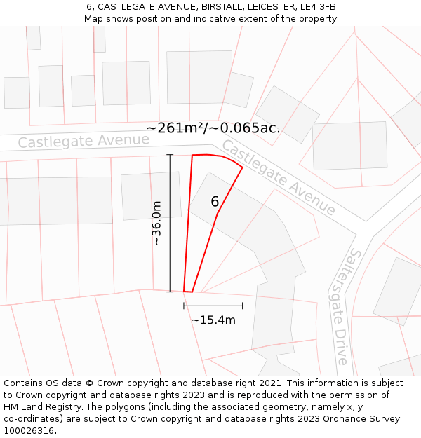 6, CASTLEGATE AVENUE, BIRSTALL, LEICESTER, LE4 3FB: Plot and title map