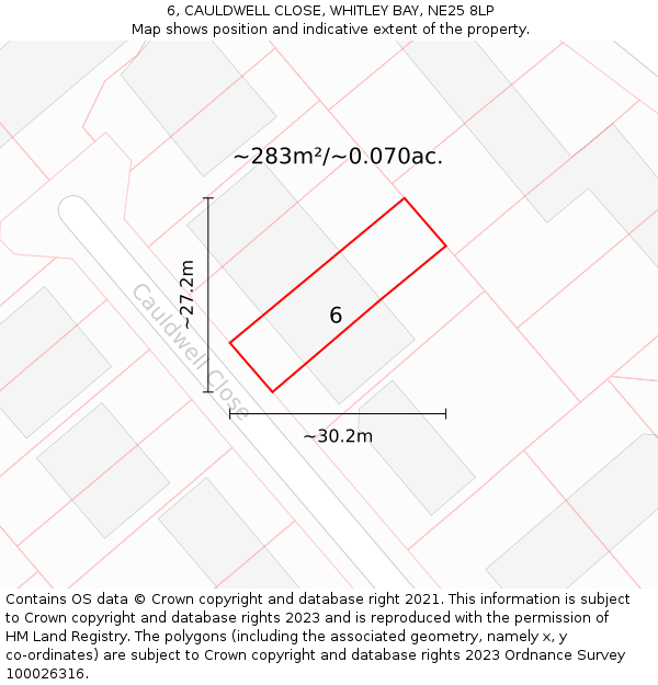 6, CAULDWELL CLOSE, WHITLEY BAY, NE25 8LP: Plot and title map
