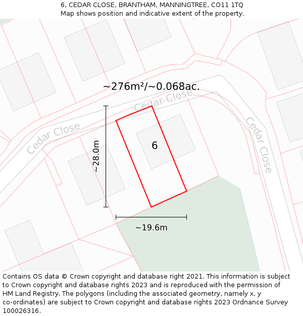 6, CEDAR CLOSE, BRANTHAM, MANNINGTREE, CO11 1TQ: Plot and title map