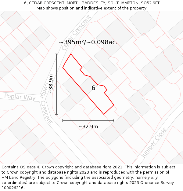 6, CEDAR CRESCENT, NORTH BADDESLEY, SOUTHAMPTON, SO52 9FT: Plot and title map