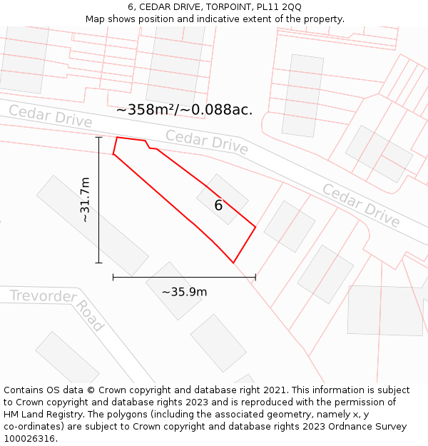 6, CEDAR DRIVE, TORPOINT, PL11 2QQ: Plot and title map