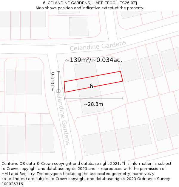 6, CELANDINE GARDENS, HARTLEPOOL, TS26 0ZJ: Plot and title map