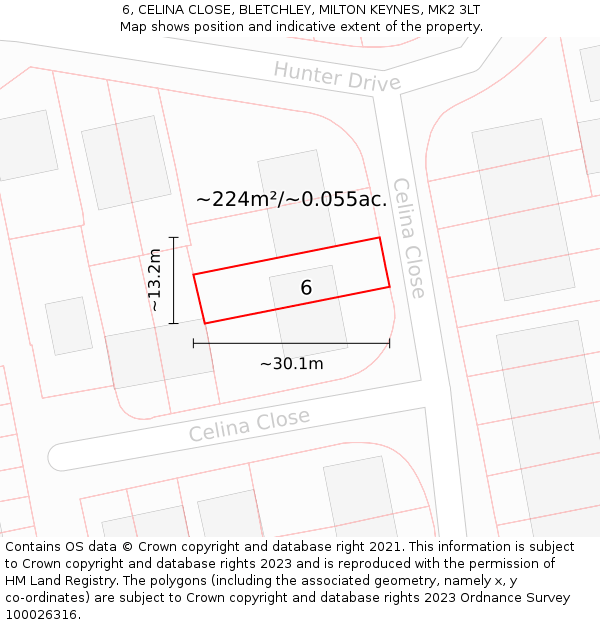 6, CELINA CLOSE, BLETCHLEY, MILTON KEYNES, MK2 3LT: Plot and title map