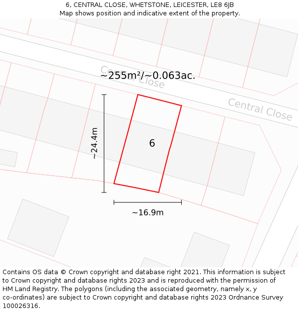 6, CENTRAL CLOSE, WHETSTONE, LEICESTER, LE8 6JB: Plot and title map