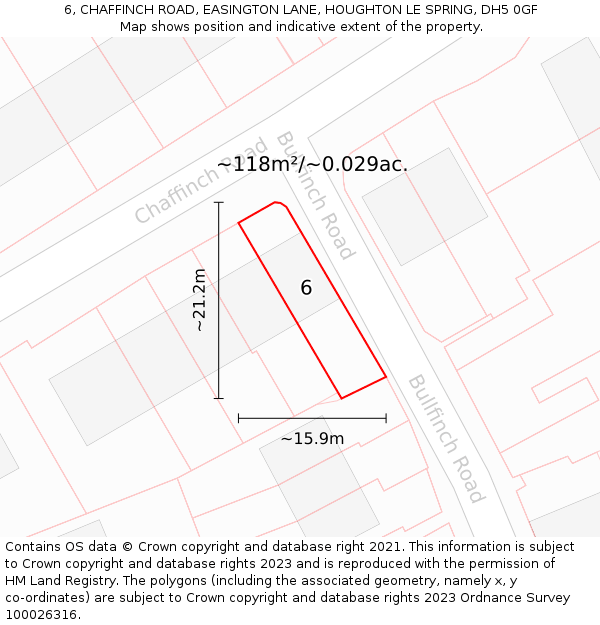6, CHAFFINCH ROAD, EASINGTON LANE, HOUGHTON LE SPRING, DH5 0GF: Plot and title map