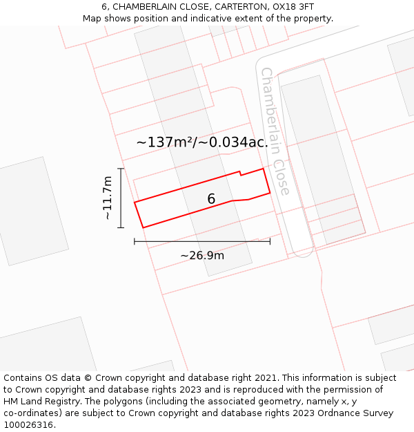 6, CHAMBERLAIN CLOSE, CARTERTON, OX18 3FT: Plot and title map