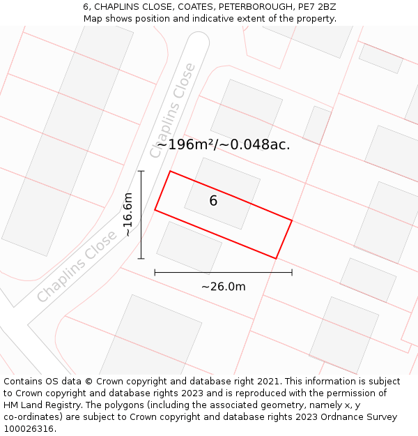 6, CHAPLINS CLOSE, COATES, PETERBOROUGH, PE7 2BZ: Plot and title map