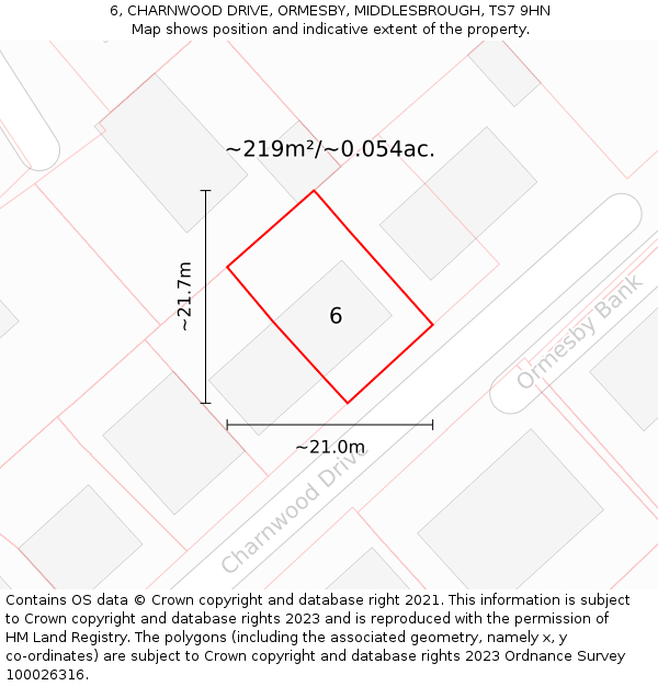 6, CHARNWOOD DRIVE, ORMESBY, MIDDLESBROUGH, TS7 9HN: Plot and title map