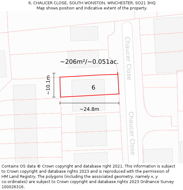 6, CHAUCER CLOSE, SOUTH WONSTON, WINCHESTER, SO21 3HQ: Plot and title map