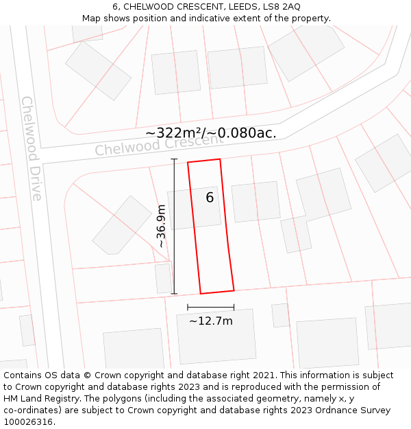 6, CHELWOOD CRESCENT, LEEDS, LS8 2AQ: Plot and title map