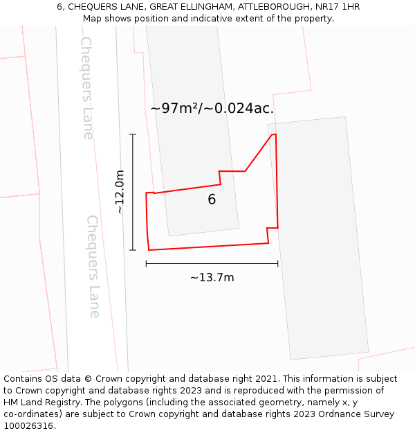 6, CHEQUERS LANE, GREAT ELLINGHAM, ATTLEBOROUGH, NR17 1HR: Plot and title map