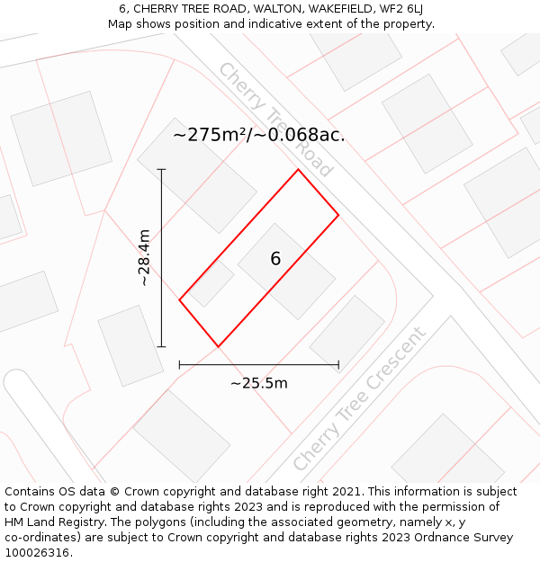 6, CHERRY TREE ROAD, WALTON, WAKEFIELD, WF2 6LJ: Plot and title map