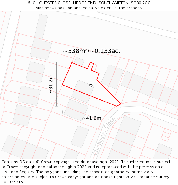 6, CHICHESTER CLOSE, HEDGE END, SOUTHAMPTON, SO30 2GQ: Plot and title map