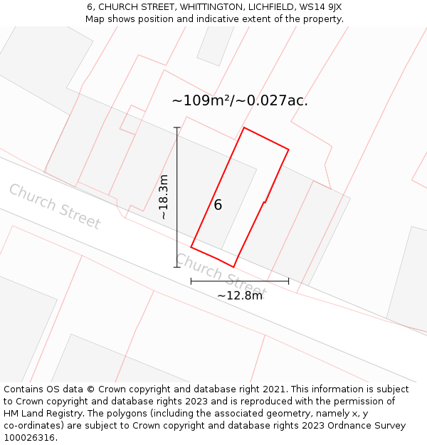 6, CHURCH STREET, WHITTINGTON, LICHFIELD, WS14 9JX: Plot and title map