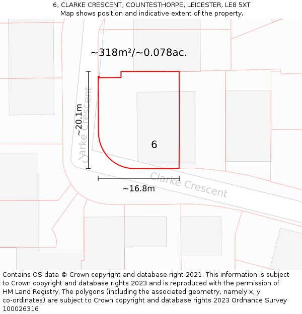 6, CLARKE CRESCENT, COUNTESTHORPE, LEICESTER, LE8 5XT: Plot and title map