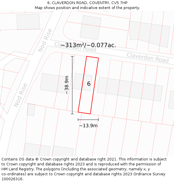 6, CLAVERDON ROAD, COVENTRY, CV5 7HP: Plot and title map