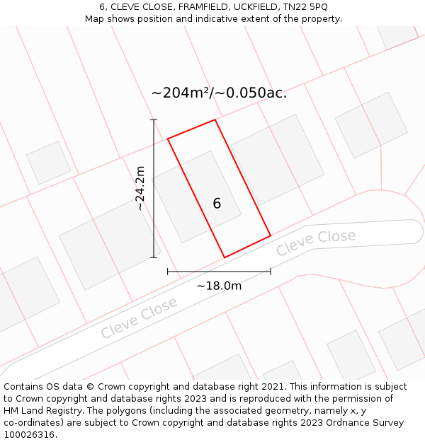 6, CLEVE CLOSE, FRAMFIELD, UCKFIELD, TN22 5PQ: Plot and title map