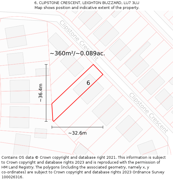 6, CLIPSTONE CRESCENT, LEIGHTON BUZZARD, LU7 3LU: Plot and title map